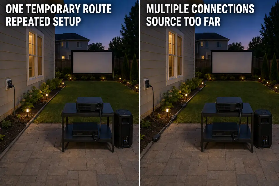 One direct backyard theater power route compared with several recurring cord connections.
