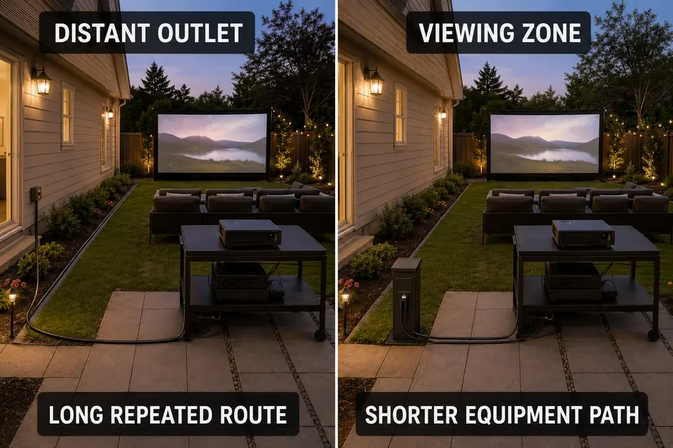 Distant house outlet compared with power located near a recurring projector zone.