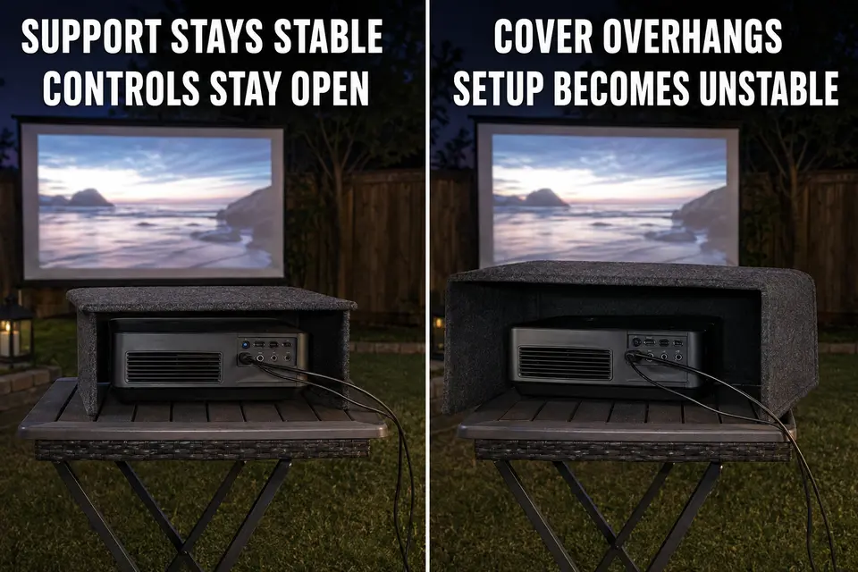 Stable projector cover fitted within a table compared with an oversized enclosure overhanging the same support.