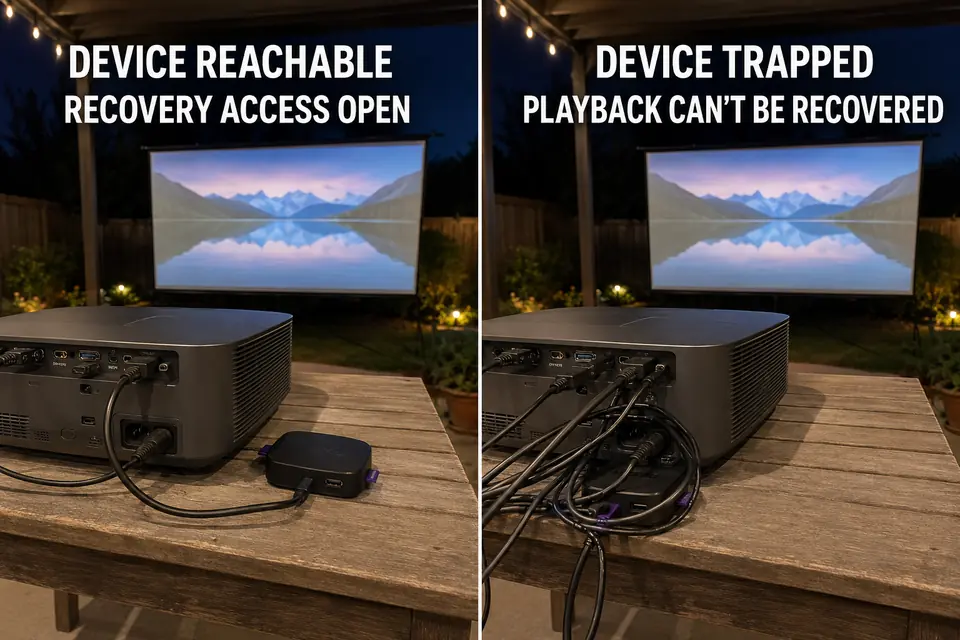 Matched projector setups comparing accessible streaming-device controls with a device trapped behind the projector and cables.